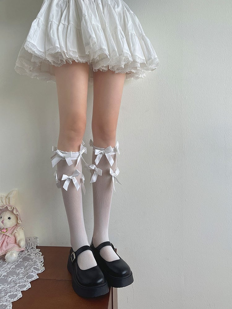 Bowknot Underknee White/Black Stockings Semi-sheer Details