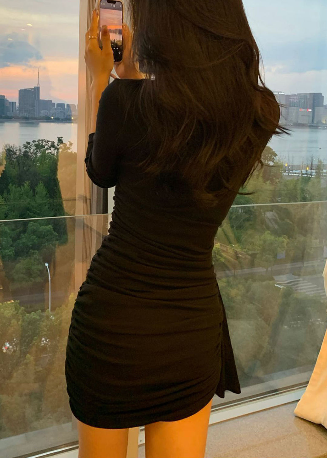 Nail V Neck Dress Spring Mid Cotton Fit Bead Slim Black