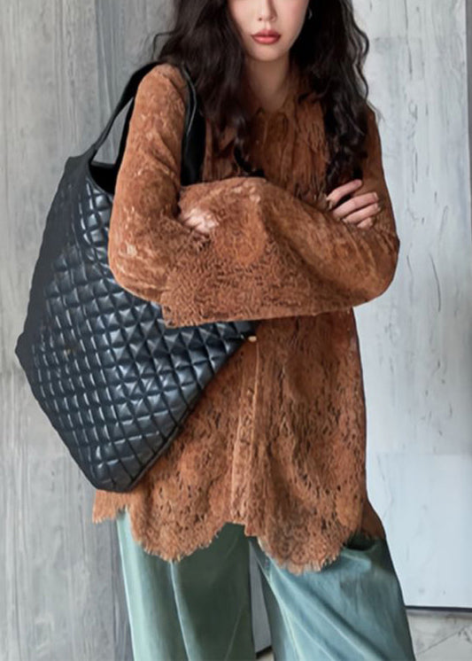 Peter Collar Coffee Flare Shirts Top Lace Fashion Pan Sleeve