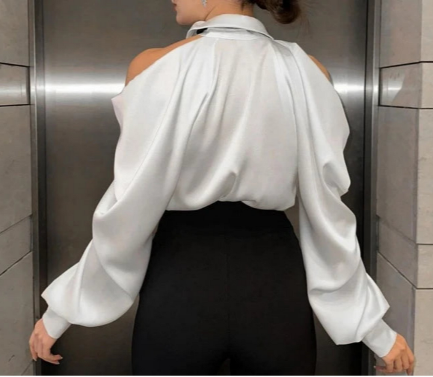 Sleeve Shoulder Satin Off Lapel Tie Party with White Top Long