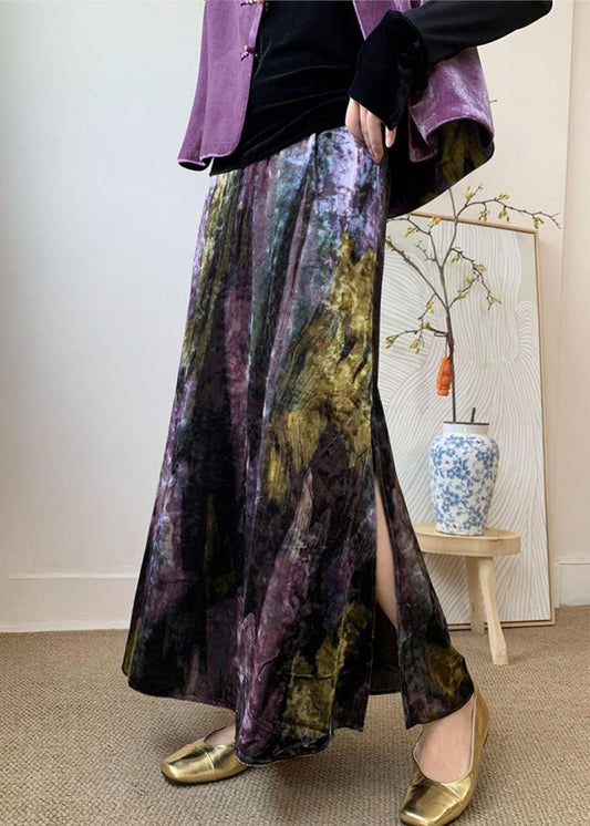 Velvet Side Loose Purple Waist Open Elastic Dye Tie Silk Skirts