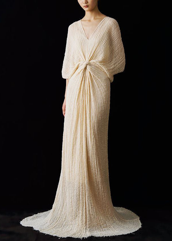 Dress Italian Wrinkled Ankle Lace Summer Up V Neck