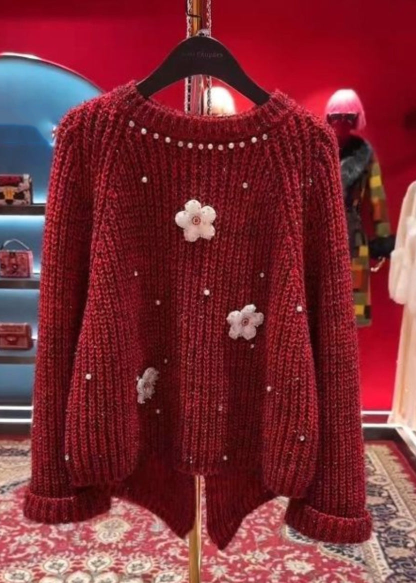 Stylish Red O-Neck Floral Nail Bead Thick Cotton Knit Sweater Tops Winter WD037