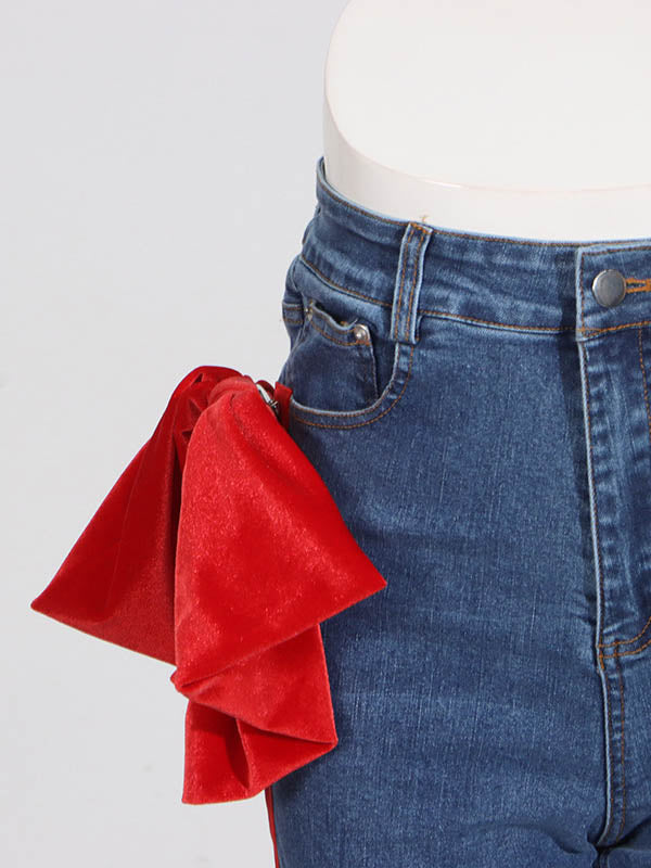 Chic Red Jeans Straight Waist High Buttoned Tied