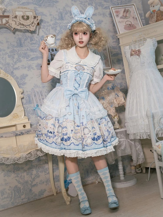 and Blue Bunny Clock Lolita Dress Print Sweet Alice