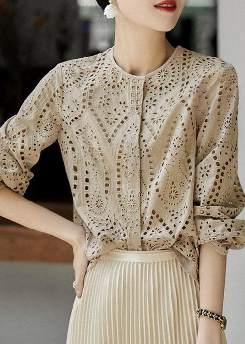 Women Neck Sleeve Hollow Out Light Long Blouses Khaki O Cotton