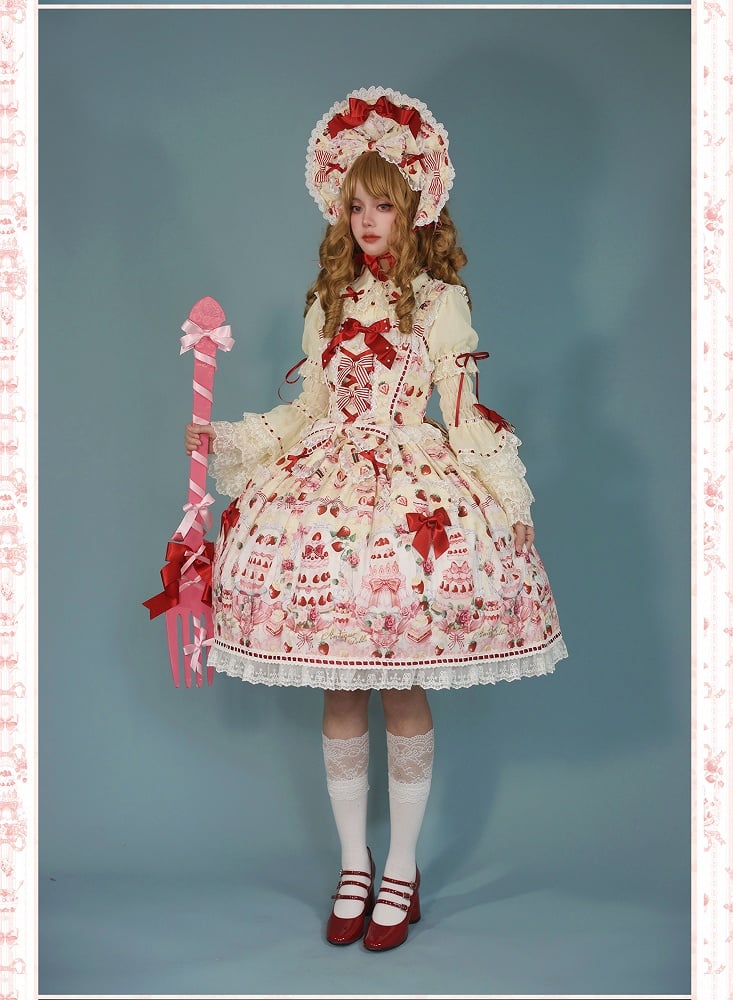 Bow Set Accents Print Yellow JSK Desserts / Sweet Strawberry Full and Lolita