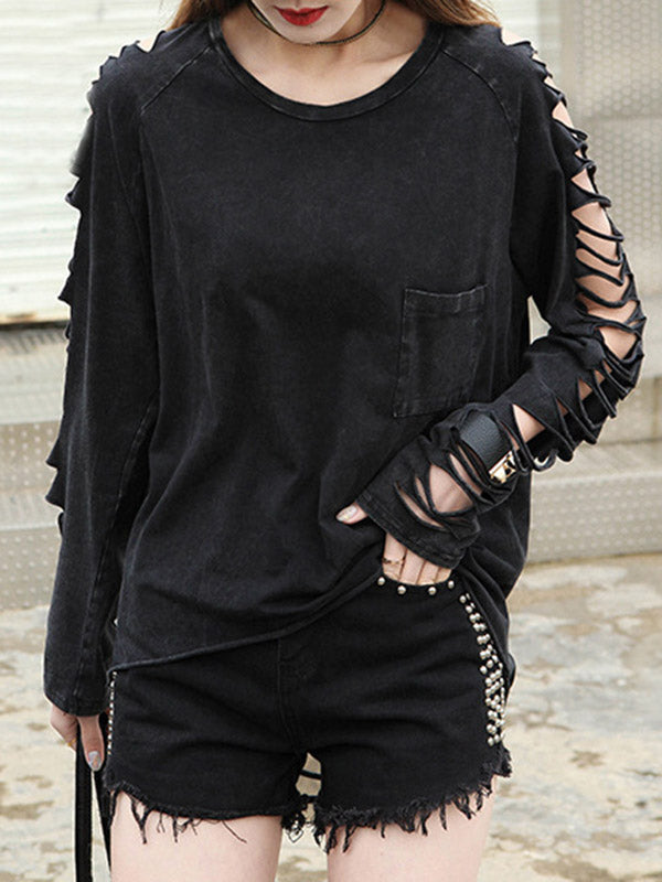 Black Sleeves Out Street T-shirt Long Loose Hollow Round-neck