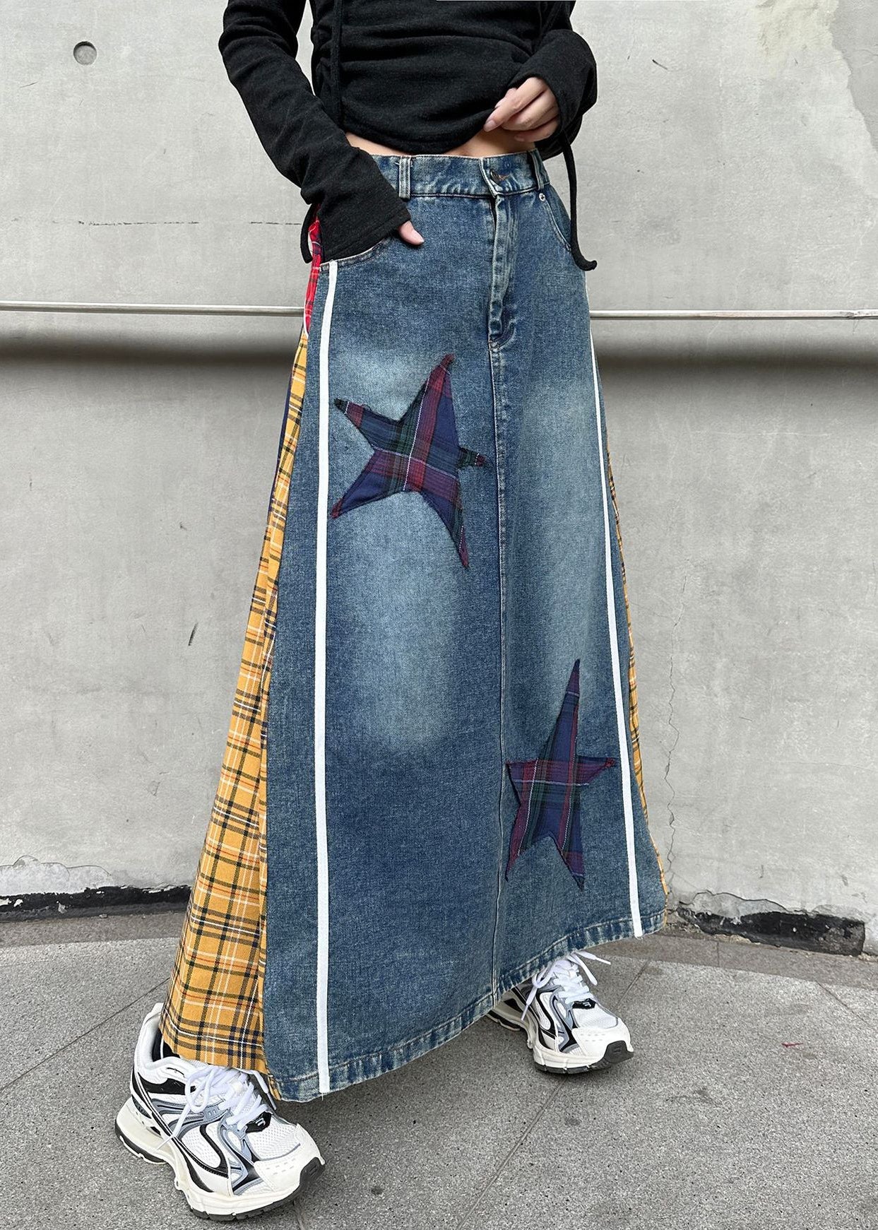 High Patchwork Spring Yellow Denim Button Skirts Plaid Waist