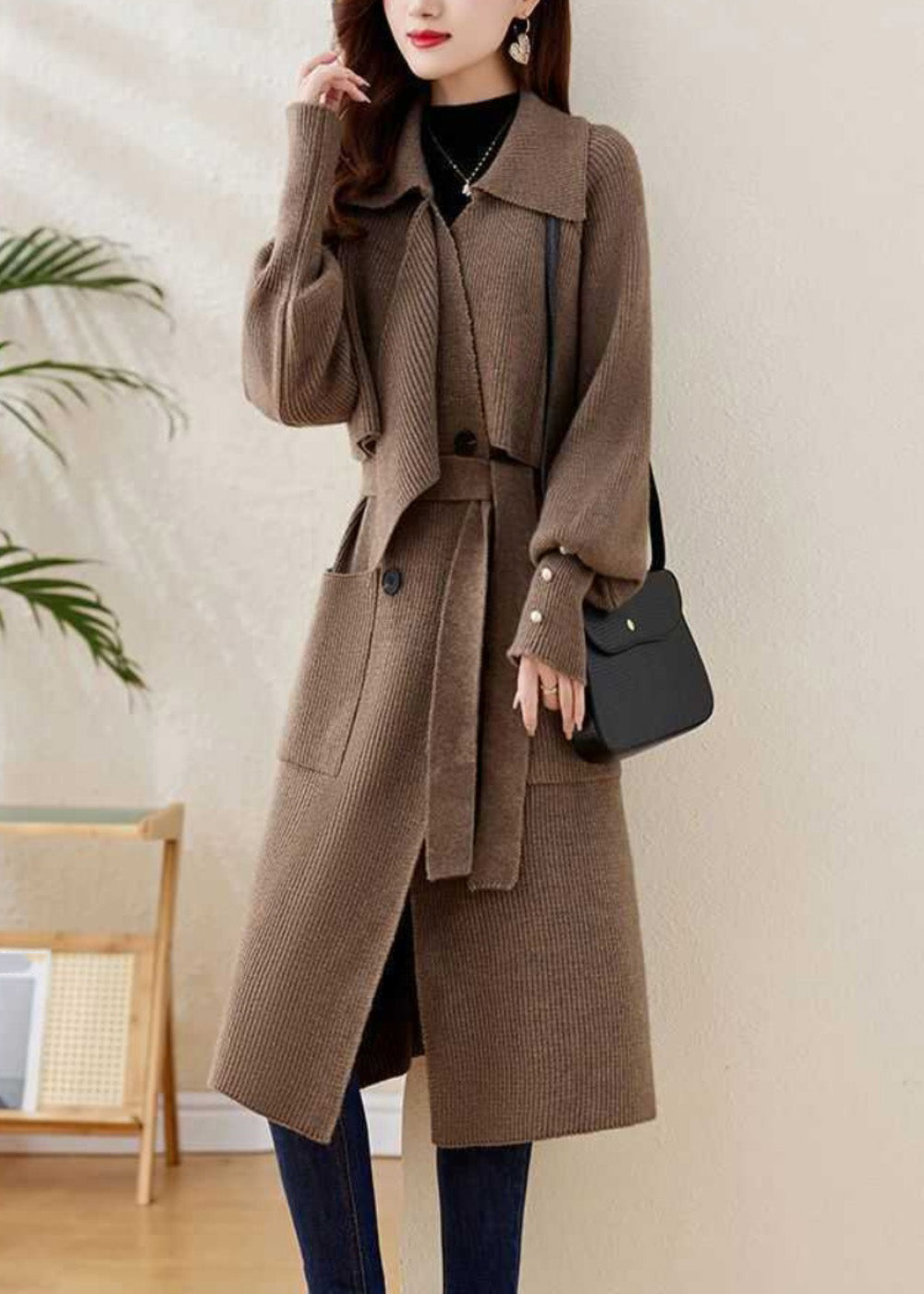 Elegant Grey Peter Pan Collar Tie Waist Knit Coats Winter WD028