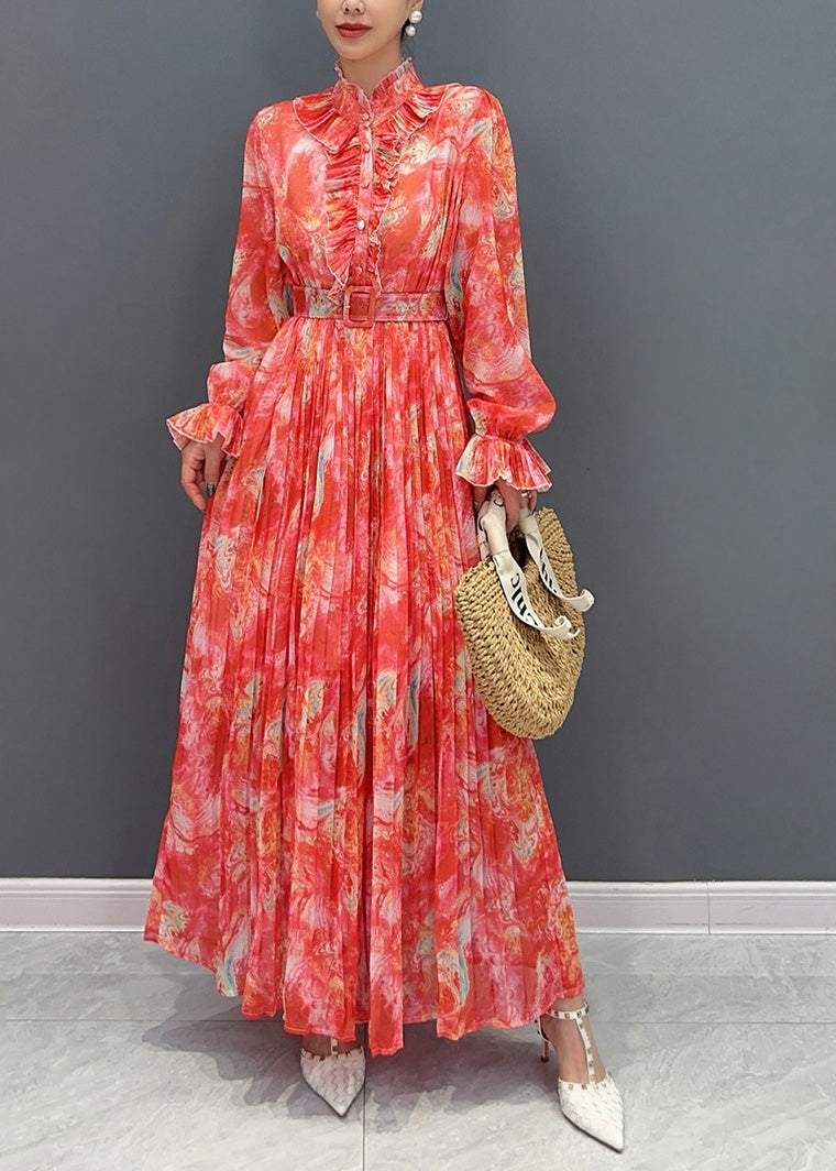 Long Chiffon Sashes Print Red Stand Collar Fashion Dress
