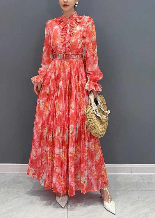 Long Chiffon Sashes Print Red Stand Collar Fashion Dress