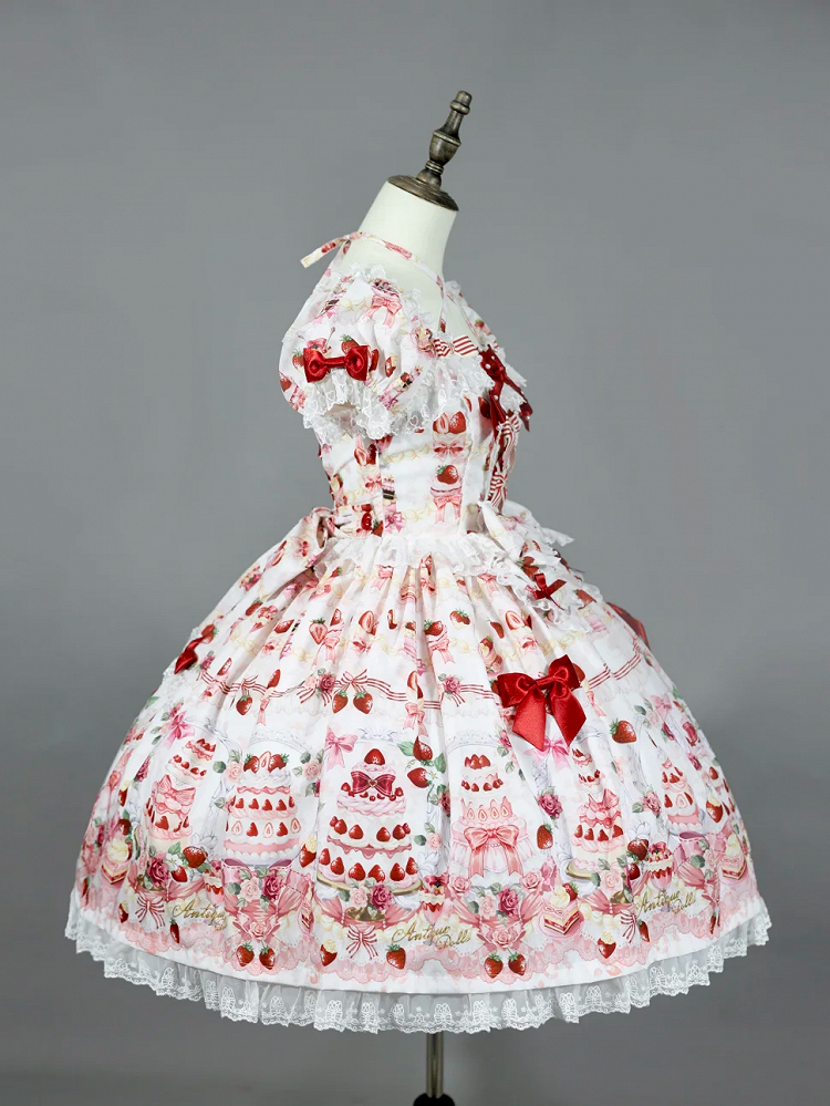 / White Lolita Print Accents Strawberry Bow Sweet Full Dress Cake Set