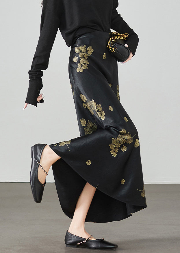 New Silk Waist Summer Skirt Black Print High