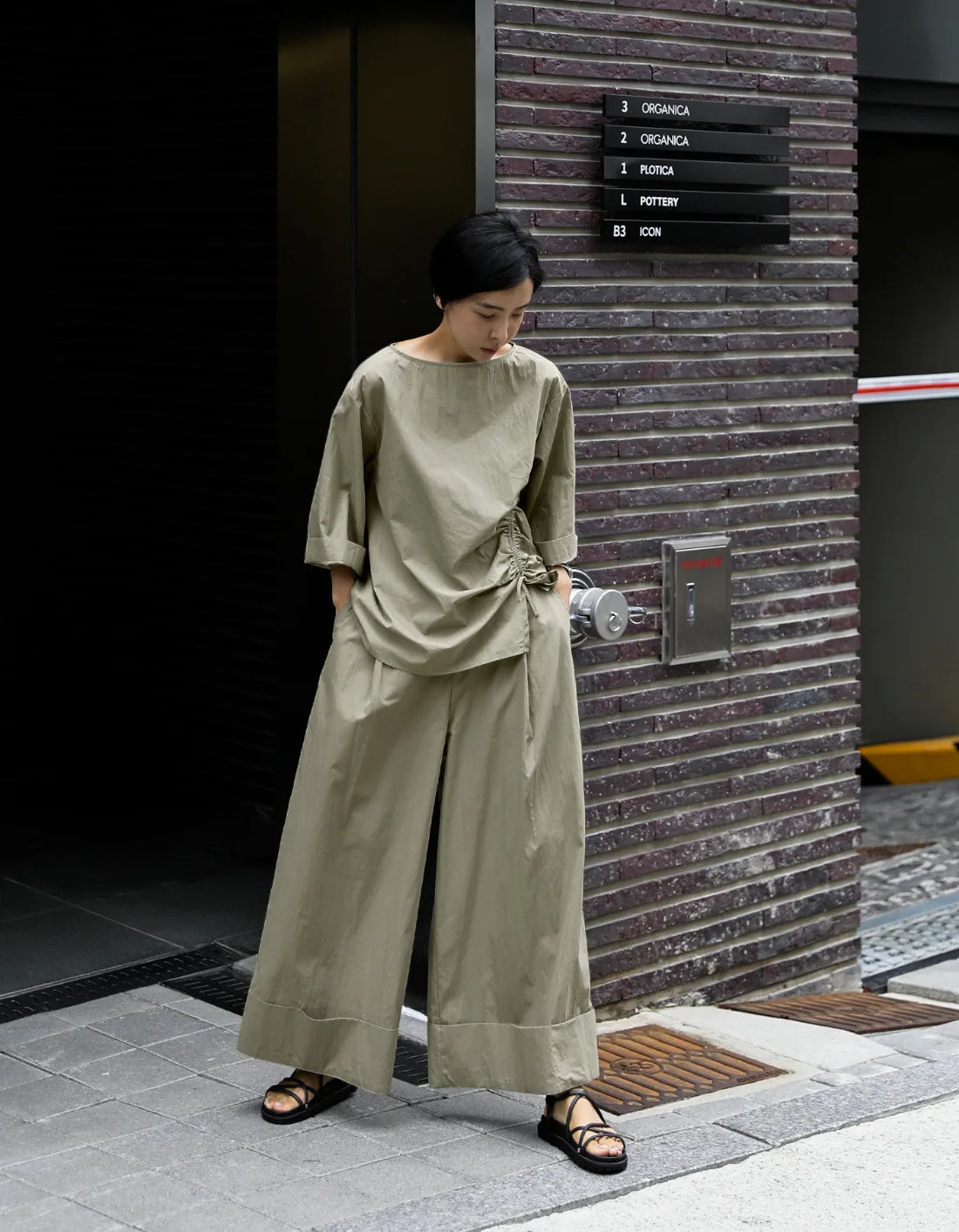 Cotton Asymmetrical Casual Sleeve Half Khaki Drawstring Top