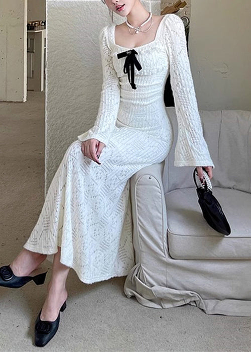 Collar Square Spring White Elegant Cotton Hollow Dresses Long Out