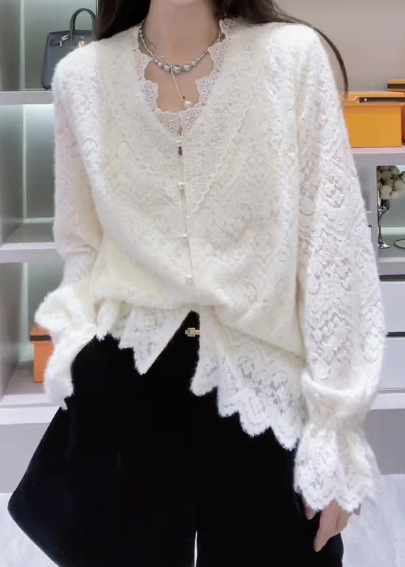 White Spring Lace Neck V French Patchwork Top