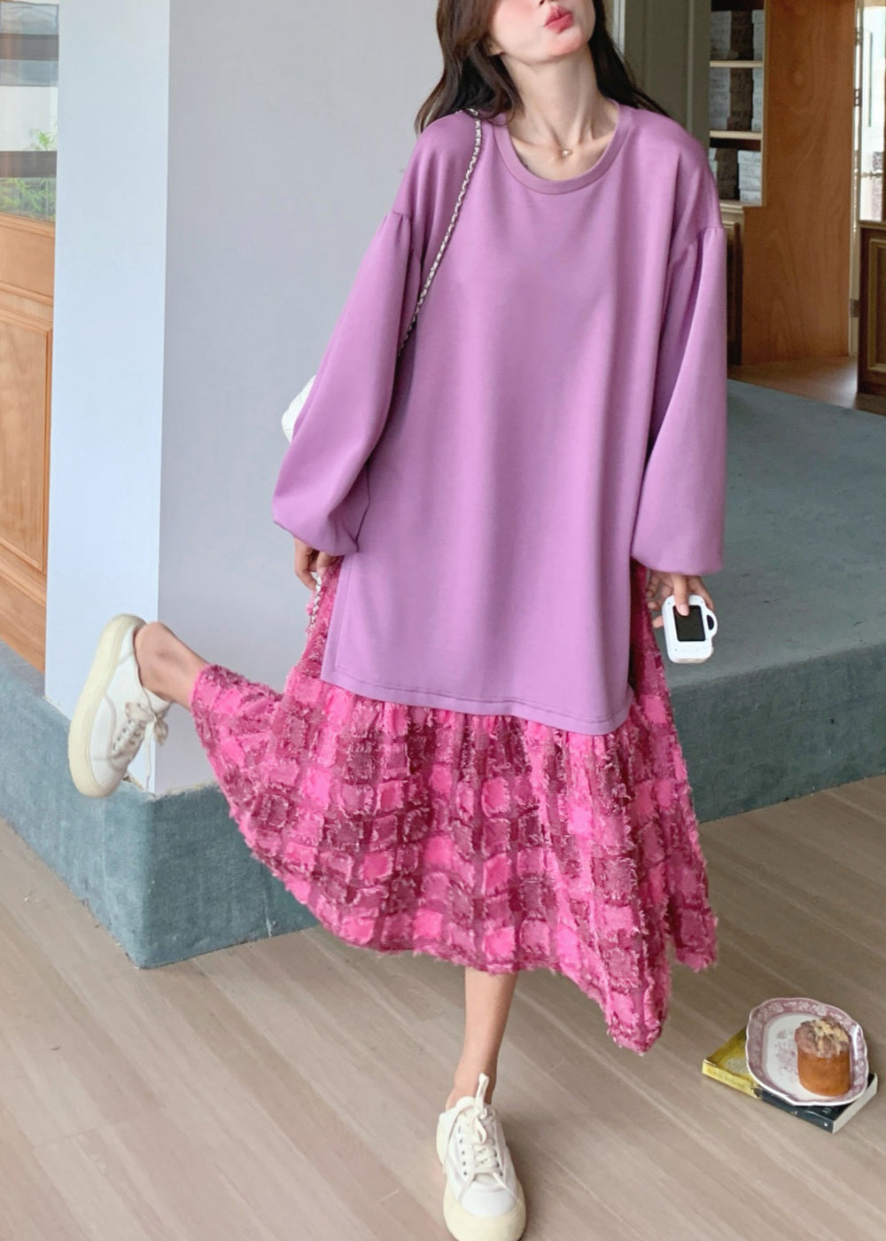 Loose Maxi Purple Plaid Dress Spring O-Neck