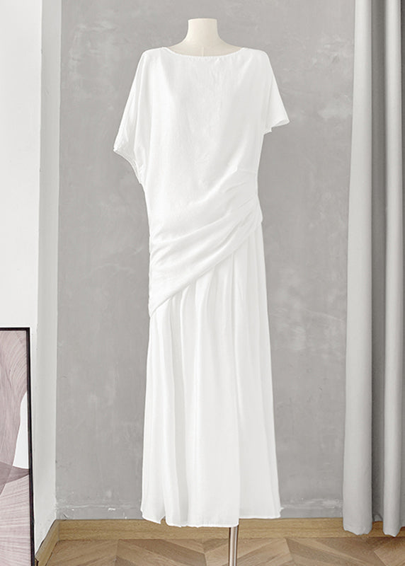 Boutique White O-Neck Asymmetrical Drawstring T Shirts And Maxi Skirt Two Pieces Set Summer AJ1031