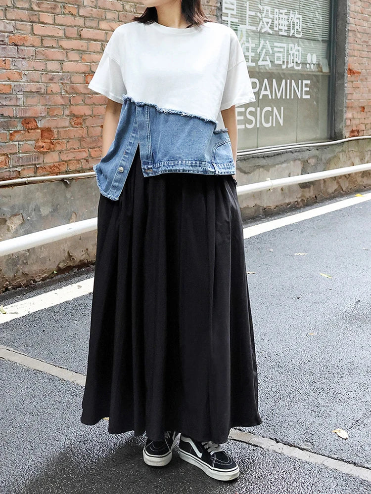 Short Street Sleeve O-neck Denim Patchwork White Hem T-Shirt