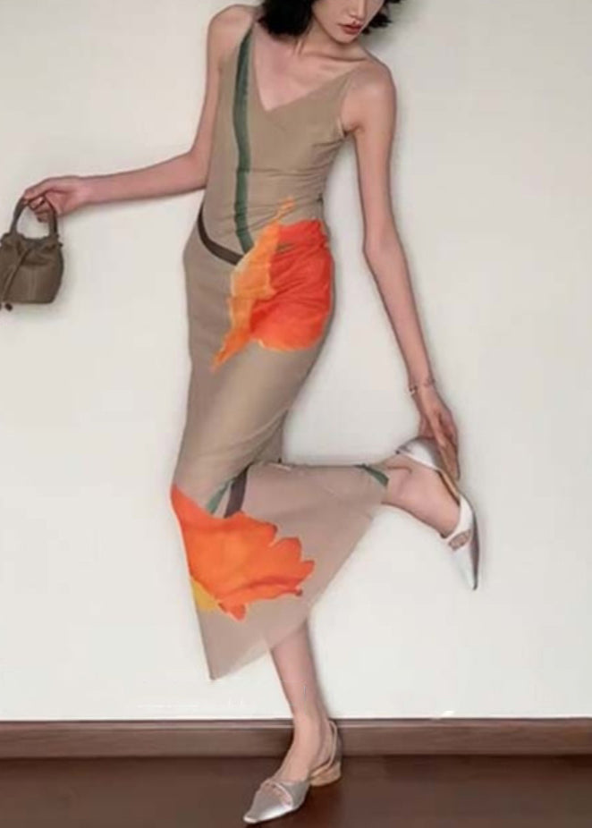 Slim Fit V Neck Print Cotton Long Dress Sleeveless EE017