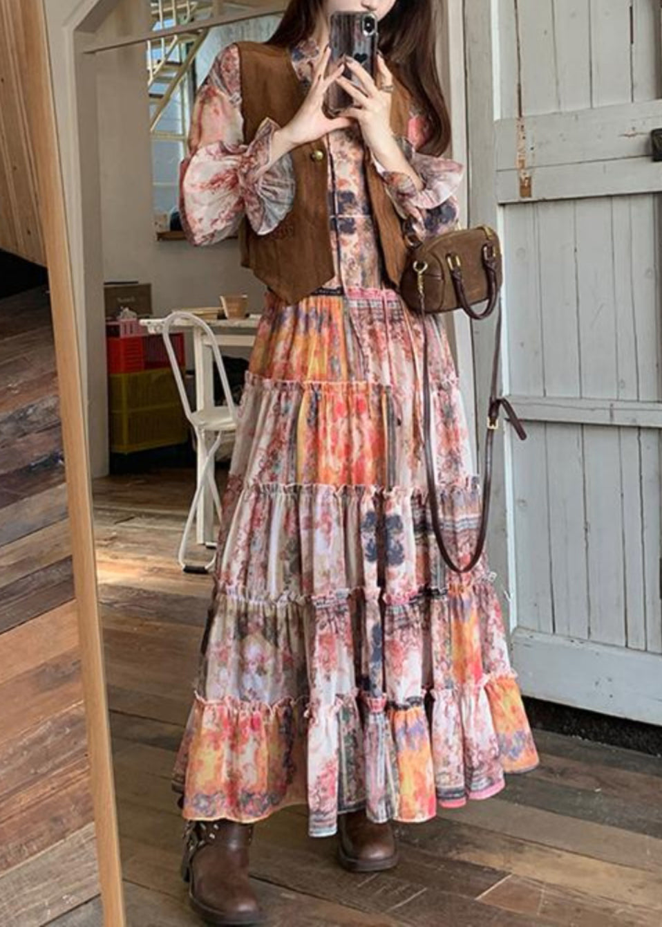 Brown Suede Dress Elegant Two-Piece Ruffled And Faux Waistcoat