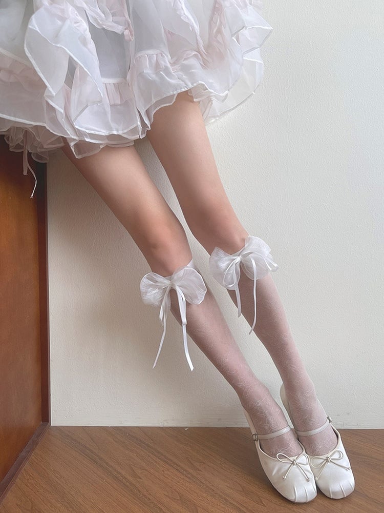 Bowknot Underknee Design Stockings Black/White