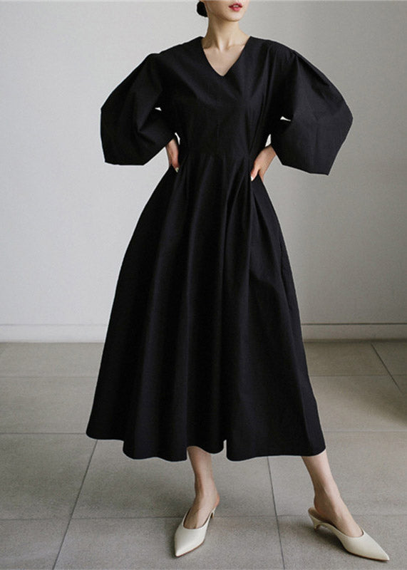 Lantern Dress Cotton Black Vacation Wrinkled Sleeve Pockets