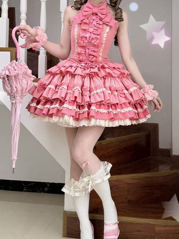 Dress Lolita Idol Accents Pink Rose Ruffle Bow Tiered Neck Sweet Halter Skirt