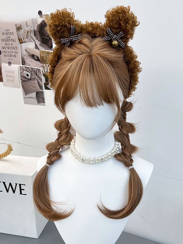 and Ponytails Bangs With Braided Brown Full Synthetic Double Wig