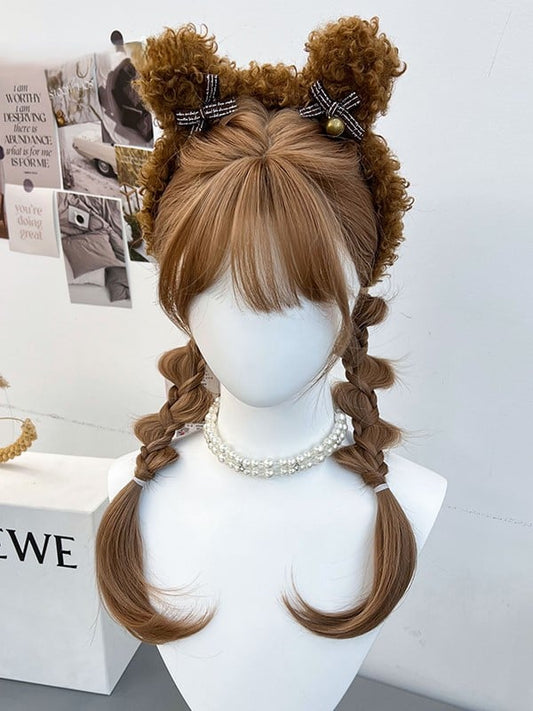 and Ponytails Bangs With Braided Brown Full Synthetic Double Wig