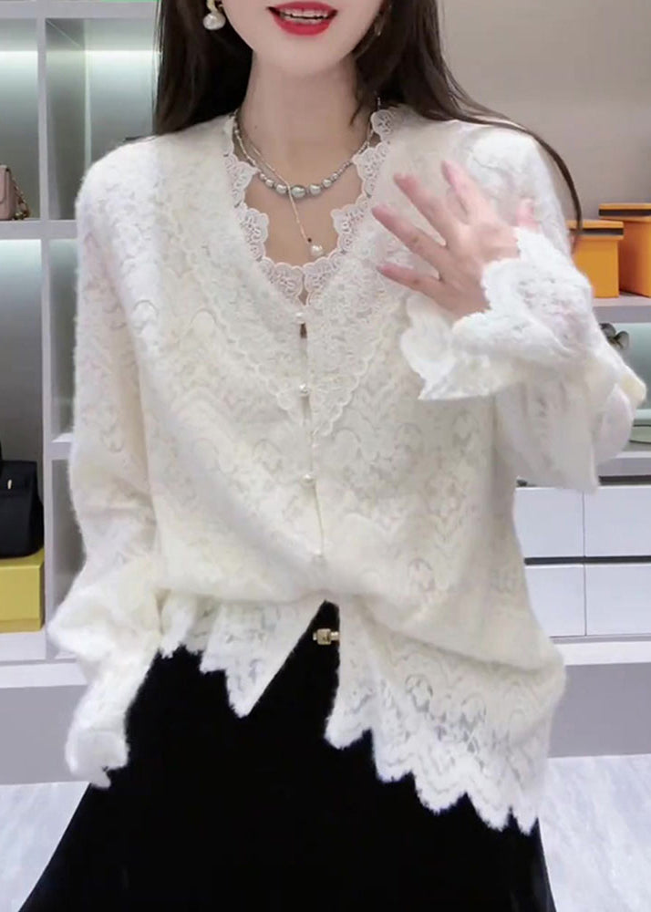 White Spring Lace Neck V French Patchwork Top
