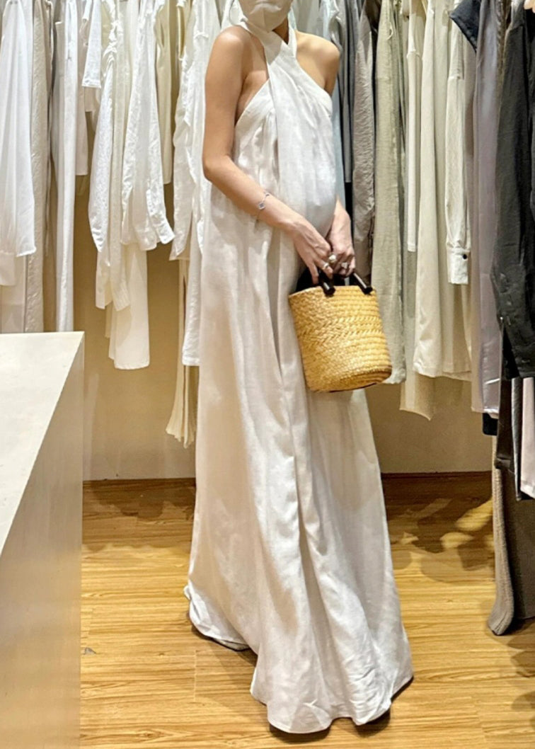 New White Cold Shoulder Solid Cotton Maxi Dresses Sleeveless EE011