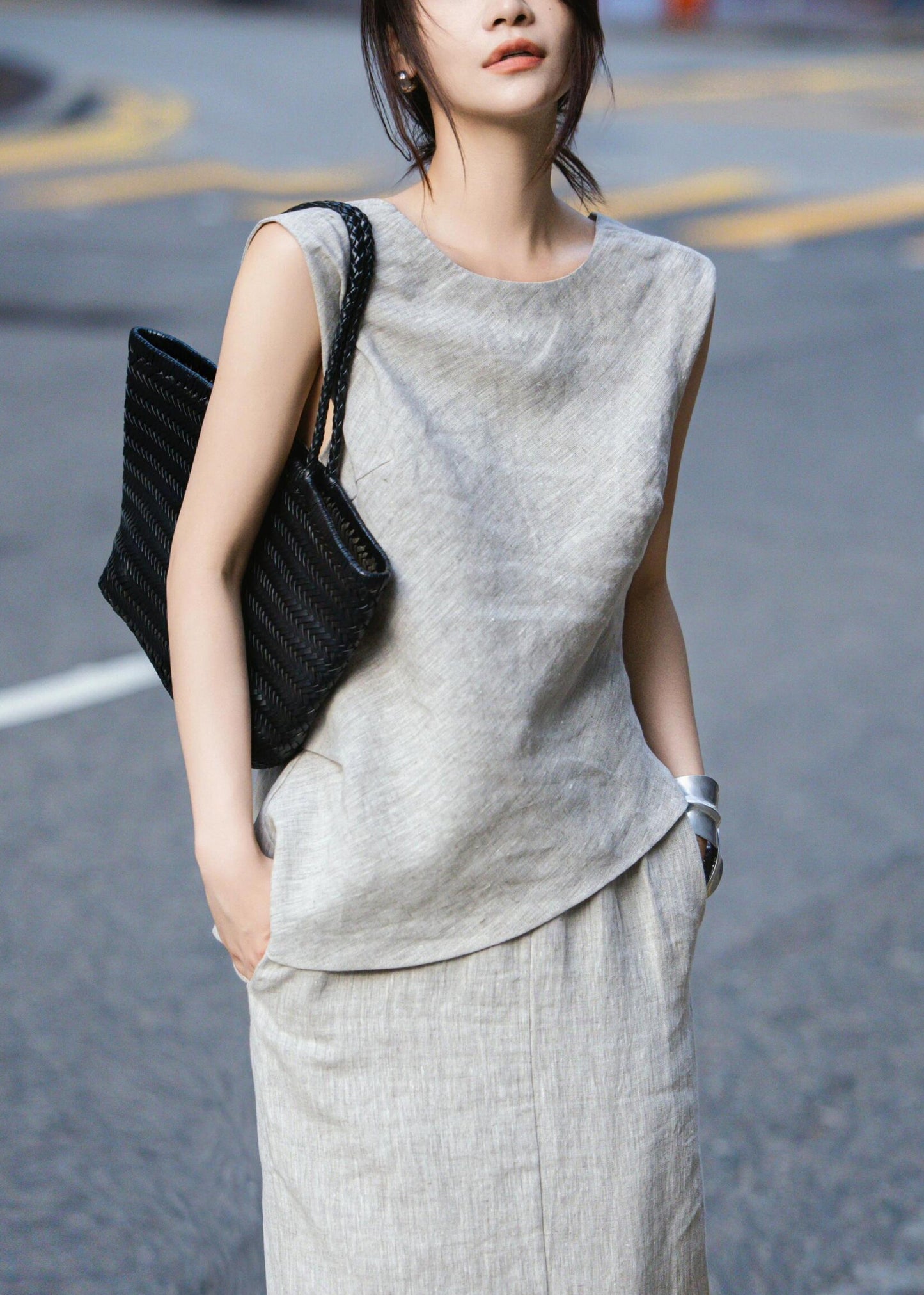 French Grey Tops And Skirts Linen Two Pieces Set Summer EE021