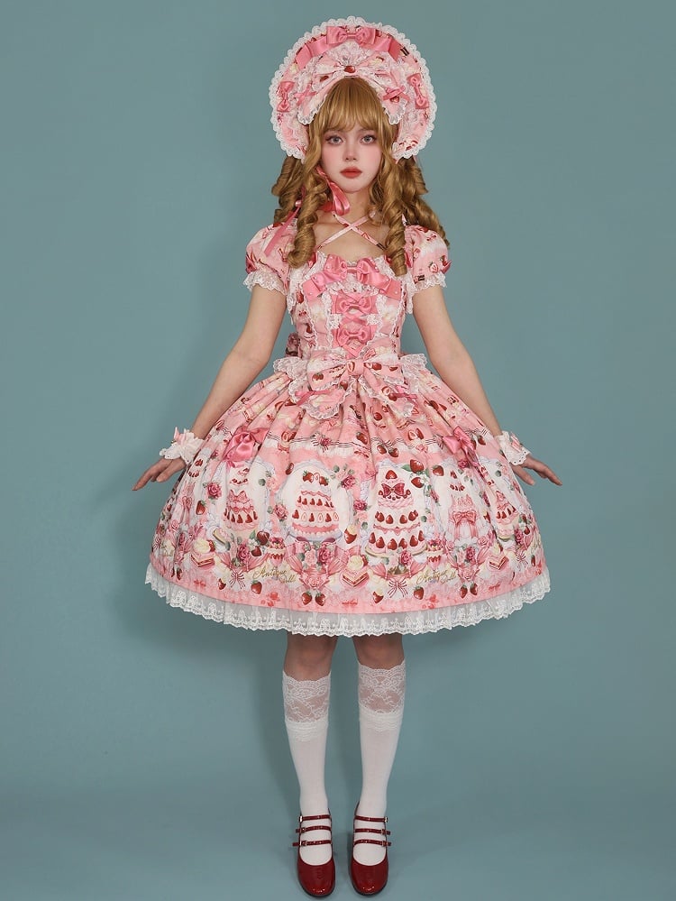 Strawberry Lolita Pink Bow Set Dress Print Cake Full Sweet Accents /