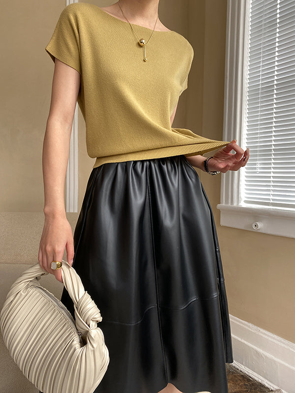 Short Neck Top Stylish Pink Boat Knit Sleeve Loose