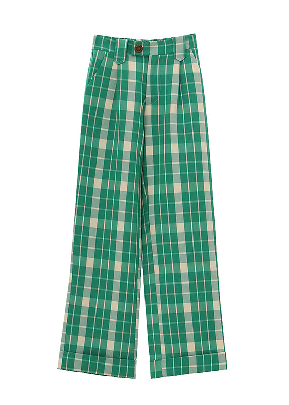 Bohemian Green Plaid high waist straight pants Spring TT1019