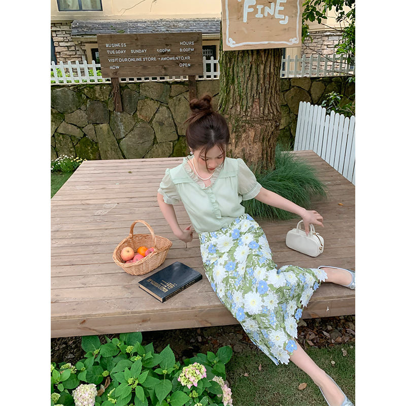 Floral Green Straight Skirt Embroidery Elegant