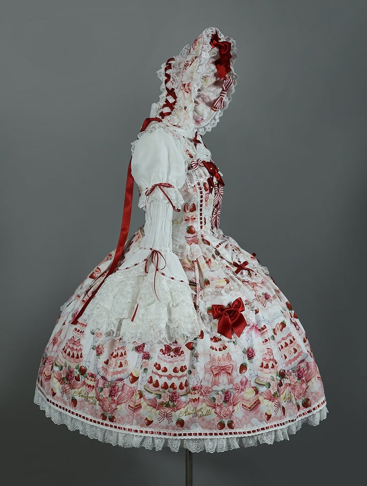 Desserts Accents Strawberry JSK and / Print Sweet Bow Lolita Full White Set