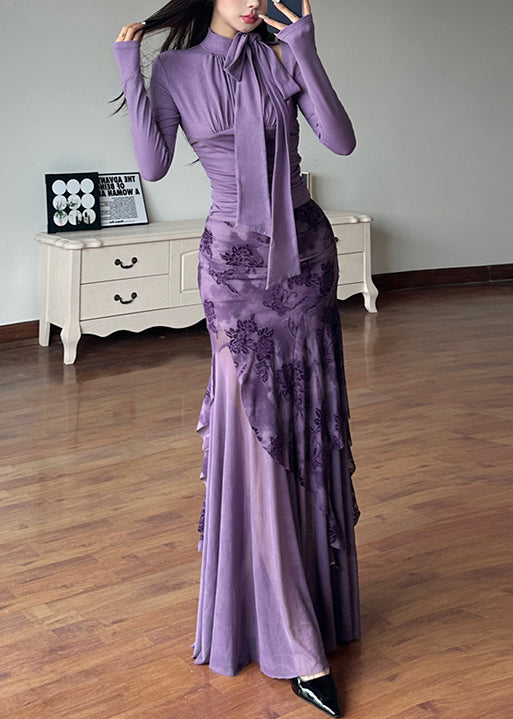 Purple Up Two-Piece Tulle Lace Tops And Skirts Novelty Patchwork