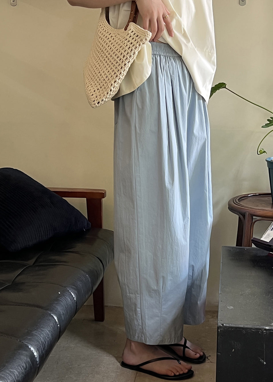 Cotton Waist Solid Elastic Summer Crop Pants Loose Blue