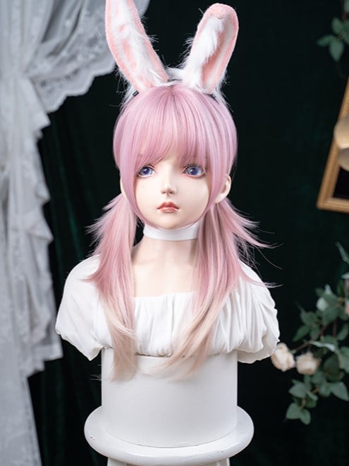 Ombre 68CM Wig Bangs Length Straight Hair Air Pink Color With
