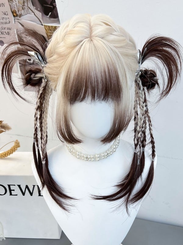 With Braided And Color Ombre Hair White Wig Synthetic Bangs Brown Full