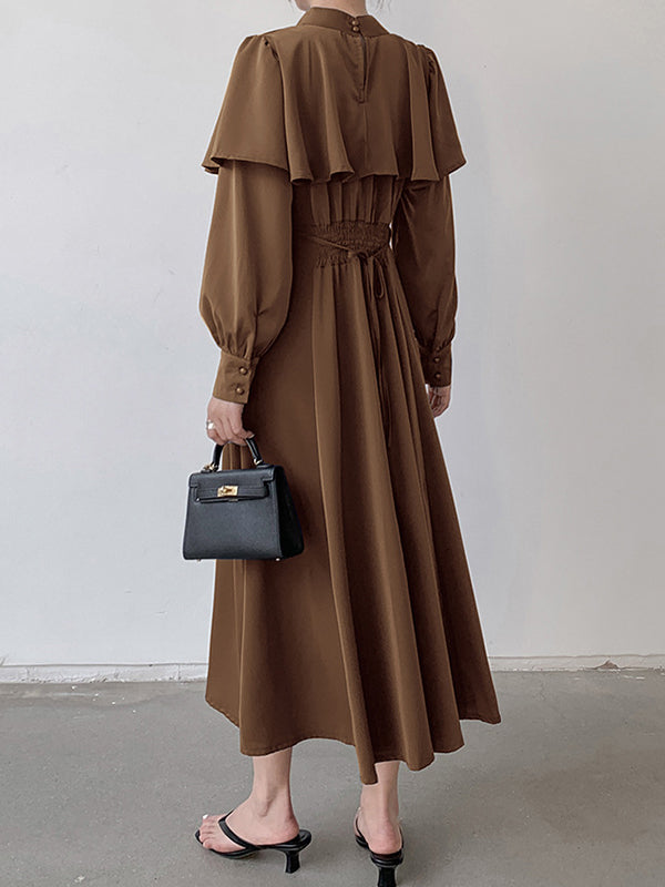 Waist Neck Ruffle A-Line Mock Elegant Tied Trim Long Coffee