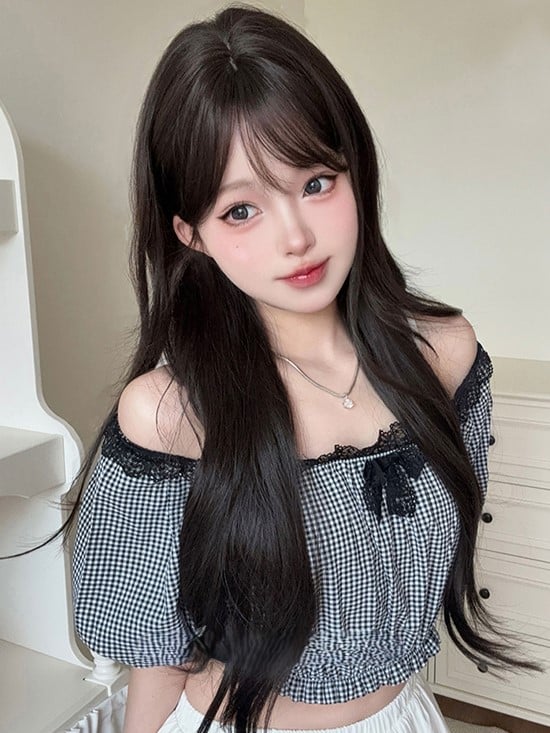 73CM Curtain Wig Length Wavy Black Bangs Tea With