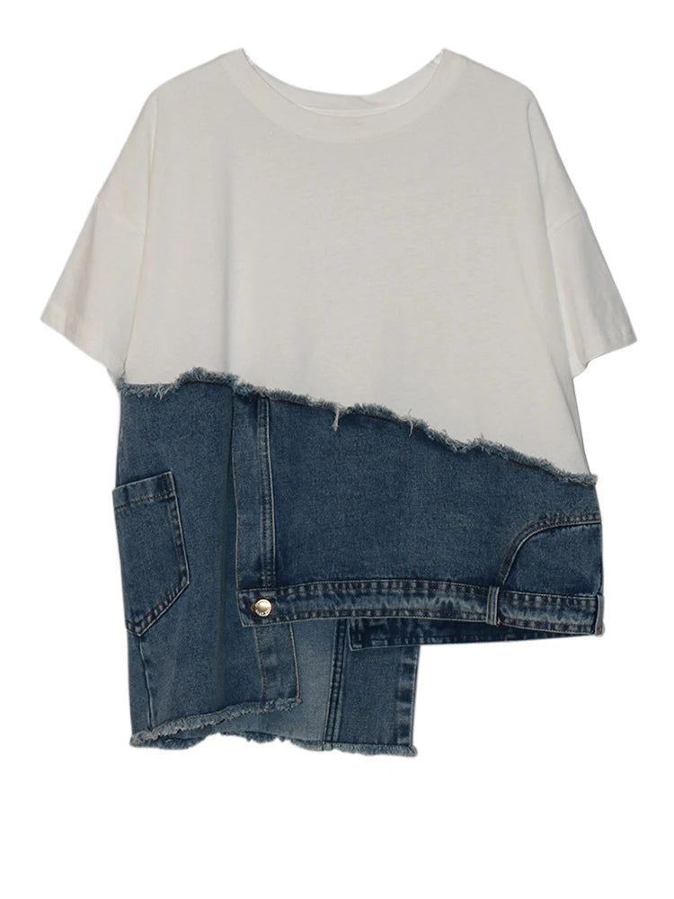 Short Street Sleeve O-neck Denim Patchwork White Hem T-Shirt