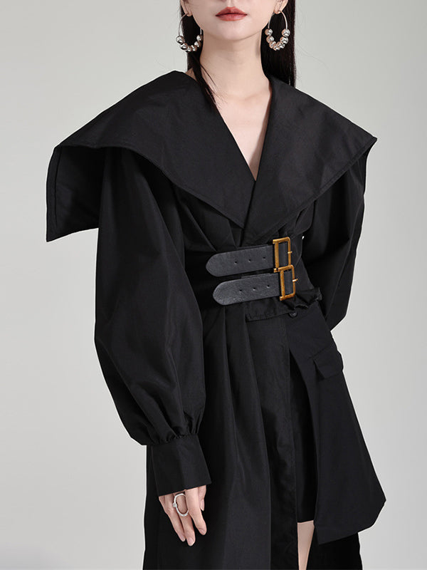High Belted Pleated Lapel Long Black Asymmetric Waisted Modern