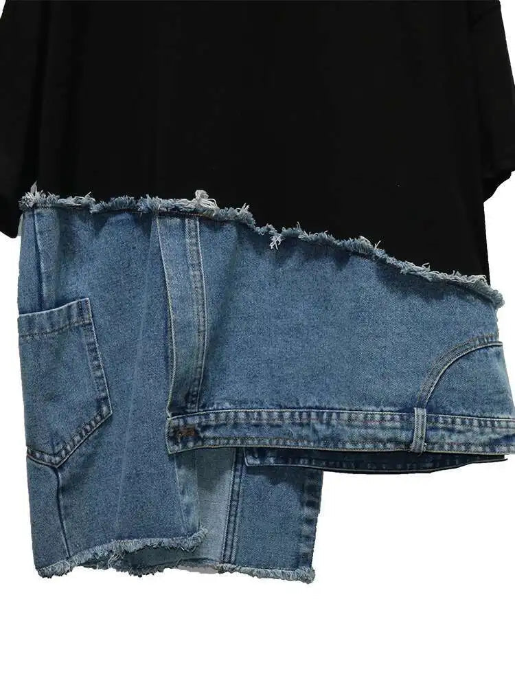 Short Street Sleeve O-neck Denim Patchwork White Hem T-Shirt