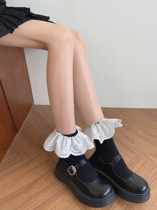 White with Trim Pattern Lace Socks Calf Black/White Floral