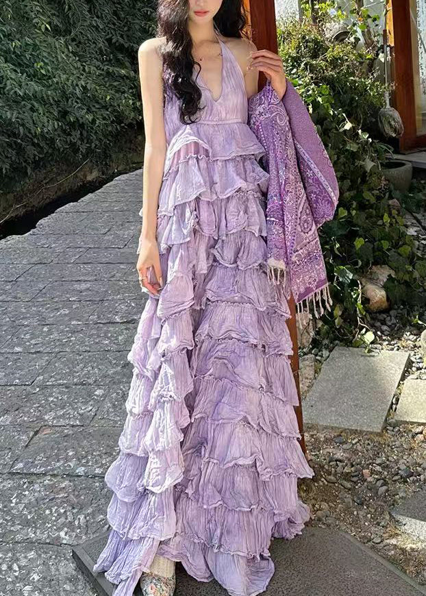 Neck Cotton Dresses Sleeveless V Maxi Sexy Purple Backless